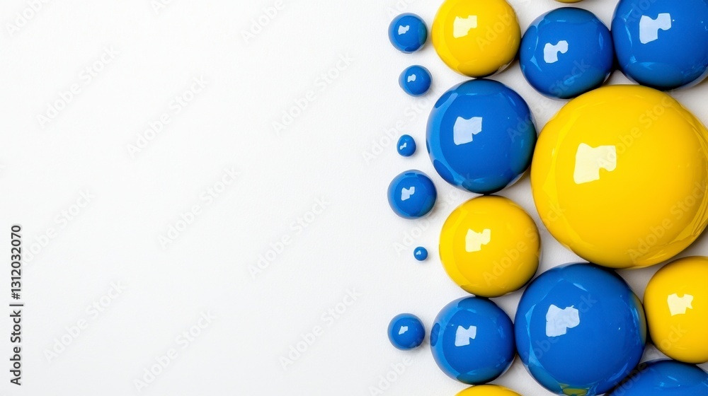 Poster abstract image of blue and yellow paint blobs on white background. various sizes create a visual tex