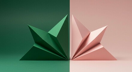 Abstract Geometric Paper Shapes Pink and Green Origami Minimalist Design Modern Art