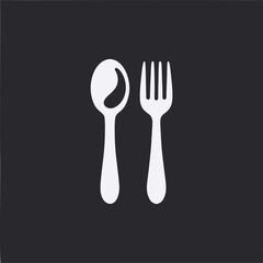 Minimalist vector illustration of a spoon and fork, rendered as solid black shapes on a white background
