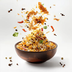 Indian Biryani being thrown in the air flying with spices floating around, on a white background 