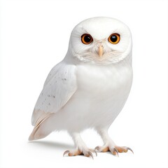 Fototapeta premium Stunning white owl with eye-catching orange eyes and distinct gray face against a pure white background