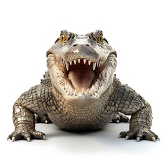 Obraz premium A fierce-looking crocodile with an open mouth, showcasing sharp teeth and textured skin, appears menacing against a plain background.