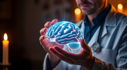 Brain Power: Doctor holding glowing brain, representing intelligence, innovation and mental health