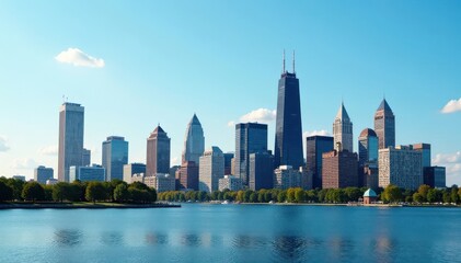 Fototapeta premium Iconic Cleveland skyline, day view, clear sky, panorama, Ohio cityscape
