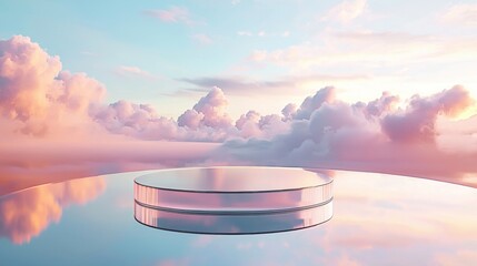 Serene Pink Sky Cloudscape with Reflective Glass Platform Minimalist Product Display Background