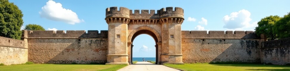 Fototapeta premium Massive city gate, weathered stone, iconic Monteriggioni , Tuscany, exterior, tourism