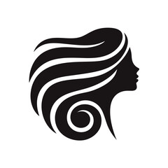 Elegant black silhouette of a woman's profile with flowing, stylized hair, presented against a white background