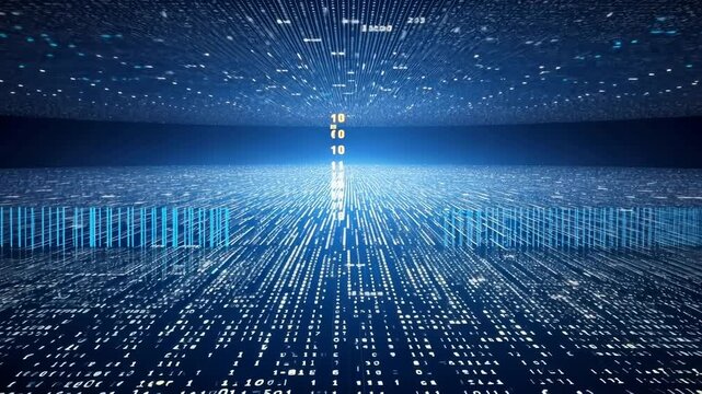Futuristic digital landscape with binary code. Low-angle shot creates depth, resembling a sci-fi video game or virtual reality environment.