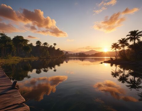 La belleza del atardecer en la regi&oacute;n oriental de Arauca, con el r&iacute;o Arauca que se refleja en un lago o estanque, warm light, araucha, peaceful