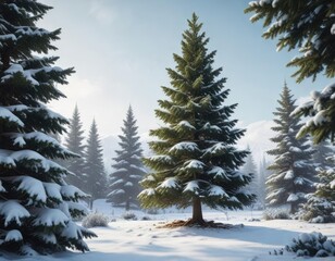 Large fir tree standing in a garden surrounded by snow , christmas tree, frozen landscape, fir tree