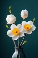 Obraz premium White and yellow flowers arranged in a vase against a dark green background