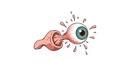 Cartoon Eyeball Illustration with Pulled Muscle and Dripping Liquid Effect