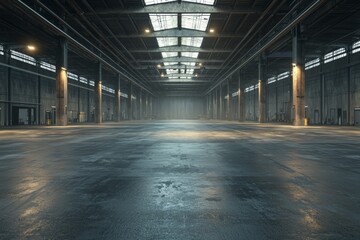 Fototapeta premium Vast Empty Industrial Warehouse Interior Space Concrete Floor High Ceilings and Steel Columns