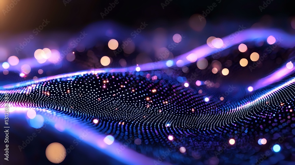 Poster futuristic digital wave pattern with glowing purple and blue particles flowing in dynamic motion aga