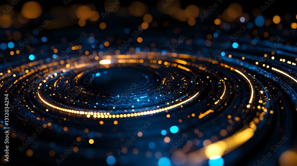Poster glowing spiral light trails with golden and blue bokeh effects create dynamic circular motion agains