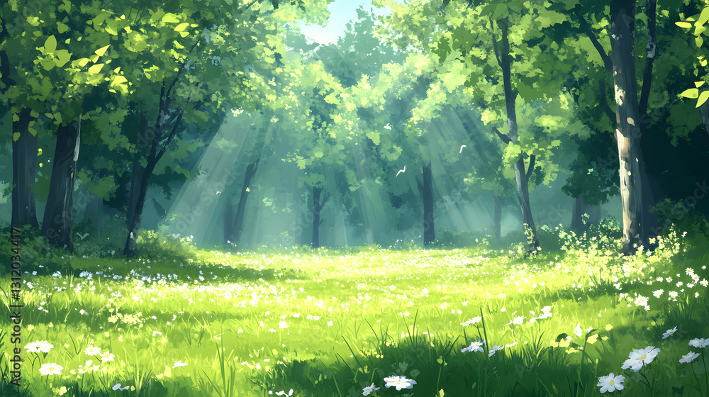 Poster a serene forest scene with sunlight filtering through trees, illuminating a grassy area adorned with