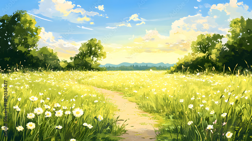 Poster a serene landscape featuring a vibrant field of flowers with a winding path under a bright sky, surr