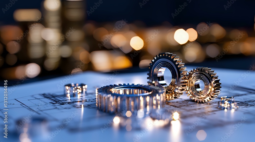 Poster mechanical gears and cogwheels on technical drawing blueprint with soft bokeh lights in background, 