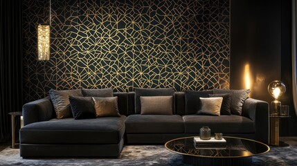 Dark modern living room with geometric wallpaper, comfortable sectional sofa. Interior design concept image