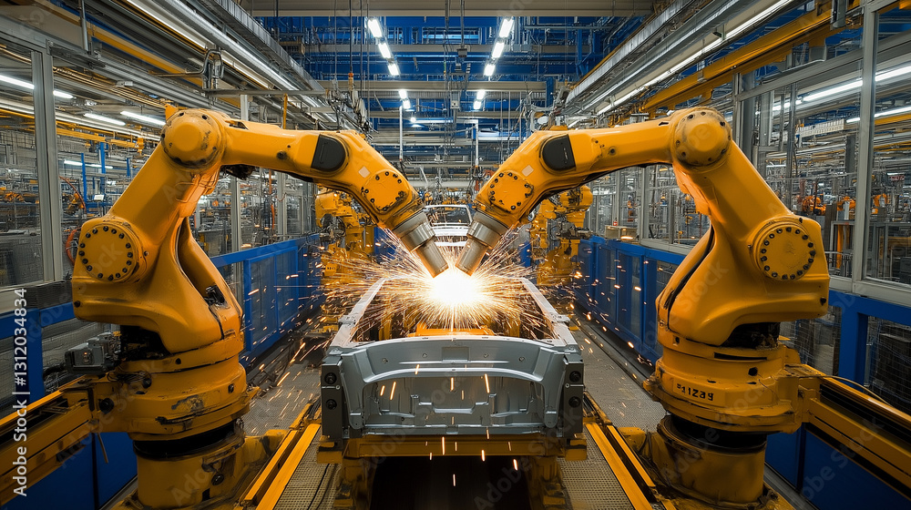 Poster a high-tech robotic arm performs precise welding on an advanced automotive assembly line as it works