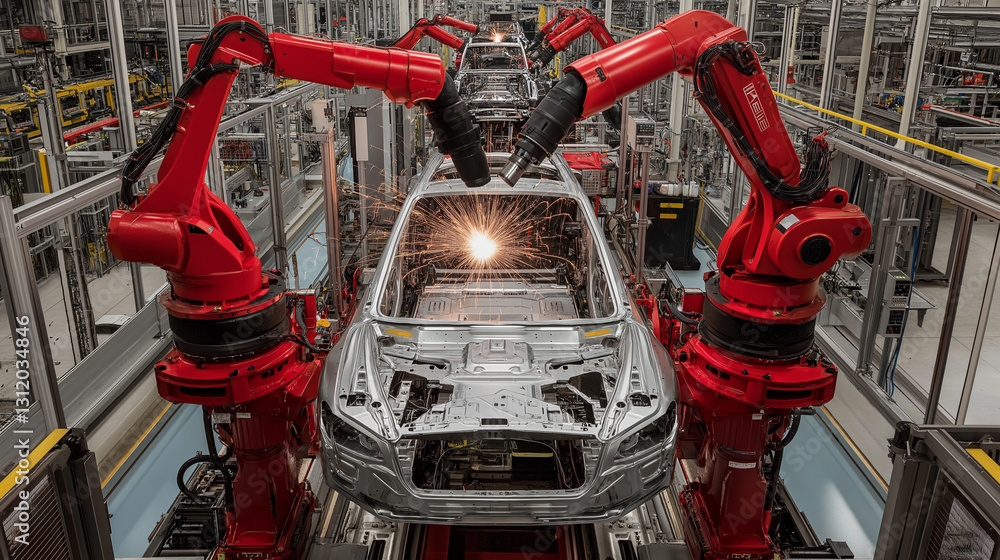 Poster a high-tech robotic arm performs precise welding on an advanced automotive assembly line as it works