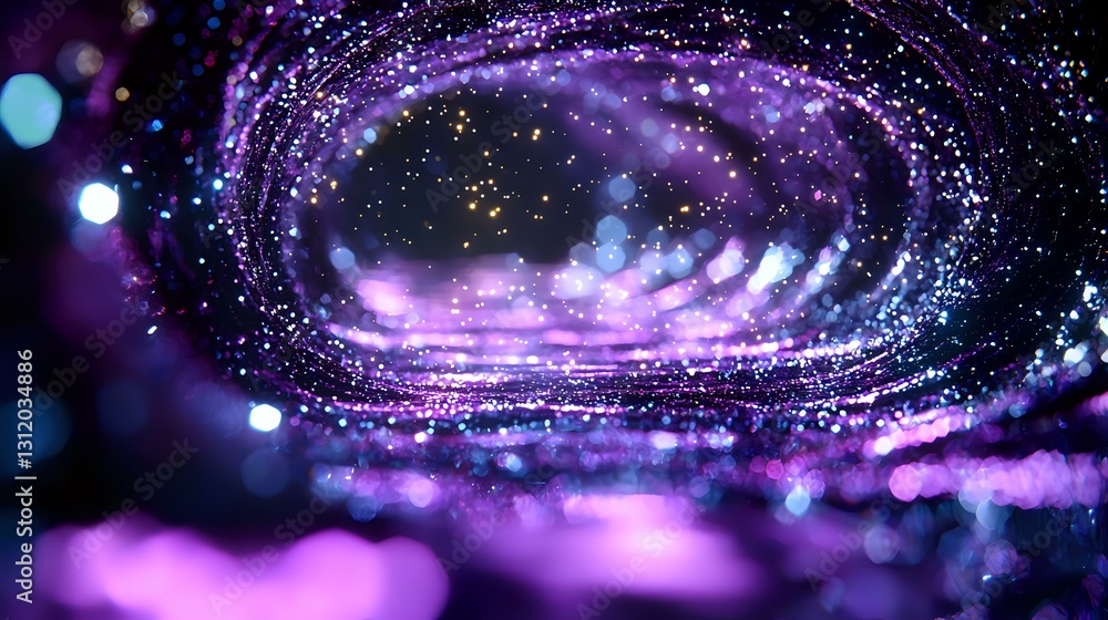 Poster magical cosmic portal with swirling purple and blue nebula effects, glowing particles and bokeh ligh