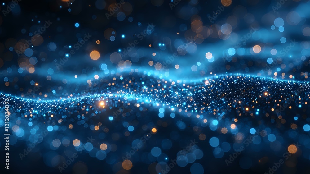 Poster abstract glowing blue particles with orange bokeh lights flowing in wave formation against dark back