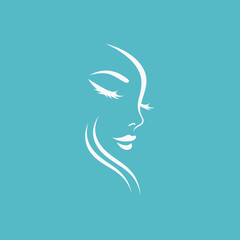 Minimalist vector illustration of a woman's face in white lines against a soft teal background