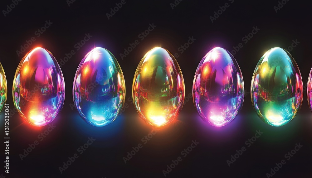Poster abstract iridescent easter eggs in a row on a dark background, rainbow color with neon lighting and 