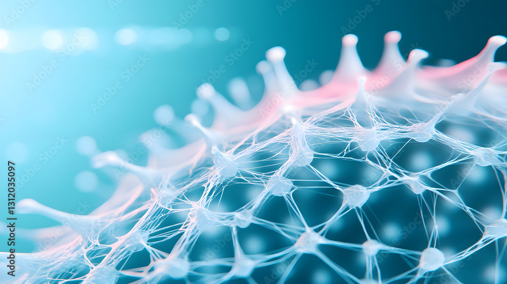 Poster A detailed microscopic view of a cellular structure, showcasing intricate patterns and connections, illuminated against a soft blue background