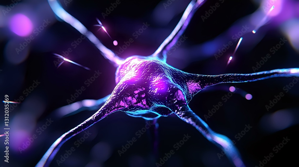 Poster glowing purple neuron with synaptic connections on dark background, scientific visualization showing