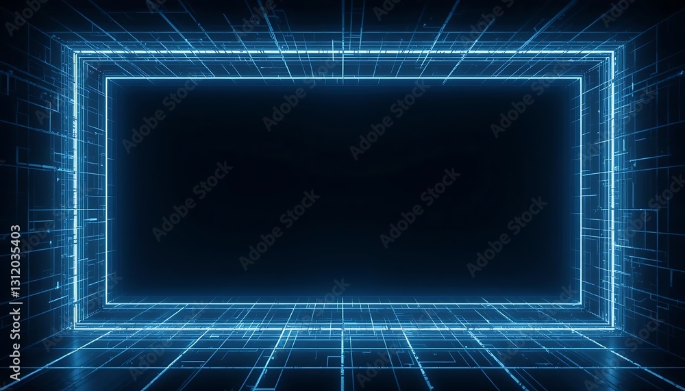 Poster abstract neon blue rectangle frame with grid on dark background