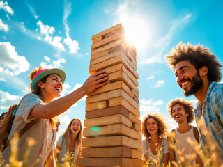 Group of joyful people enjoying a game of Jenga outdoors, building a tower of wooden blocks in the warm sunlight.