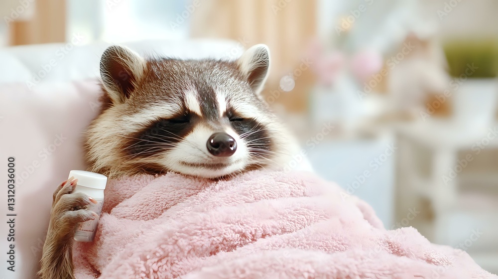 Poster adorable raccoon wrapped in soft pink blanket looking cozy and comfortable at home, displaying cute 