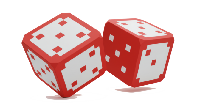 Rolling Red Dice with White Dots on White Background Studio Shot