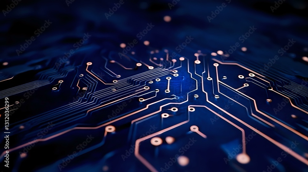 Aufkleber circuit board macro with glowing blue and orange electronic pathways and connections on dark backgro