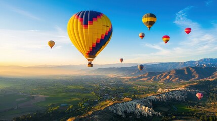 Obraz premium A hot air balloon festival over a valley.
