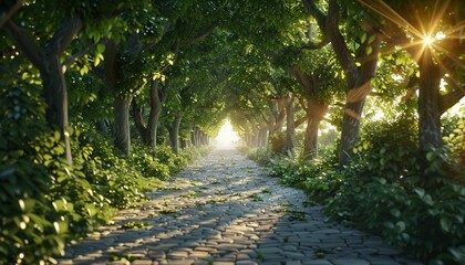 A trail through leafy trees, illuminated by sunlight breaking through the canopy
