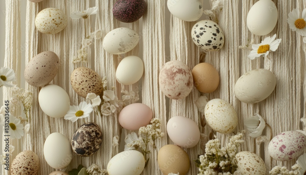 Poster assortment of eggs in varying colors and patterns arranged with delicate white flowers and textured 