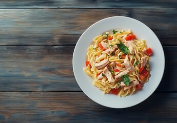 Delicious chicken pasta with fresh ingredients on a rustic wooden table, perfect for culinary photography and food blogs.