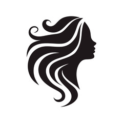 Elegant black silhouette of a woman's profile with stylized, flowing hair featuring distinct curls