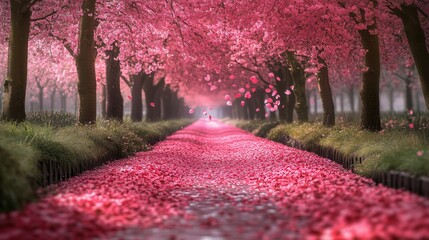 The romantic journey of colorful falling cherry blossoms