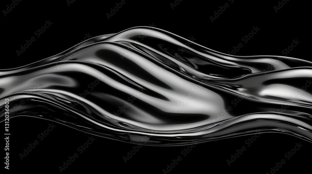 Poster abstract image of flowing black liquid, glossy and reflective, with undulating forms and textures ag