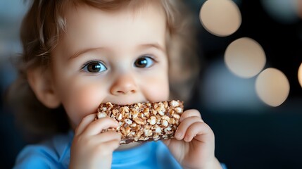 Naklejka premium Young caucasian girl with blue eyes eating chocolate covered granola bar, blurred bokeh lights in background, close up portrait showing joy and innocence.