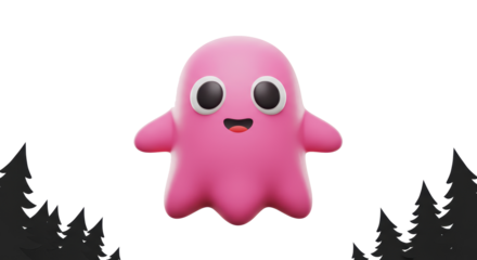 Cute Pink Ghost Floating Near Spooky Forest for Halloween Decoration