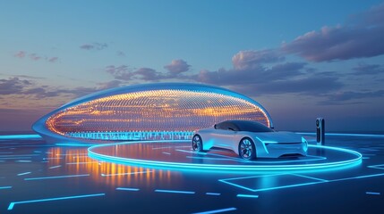 Obraz premium A hybrid vehicle charging at a futuristic eco-friendly station.