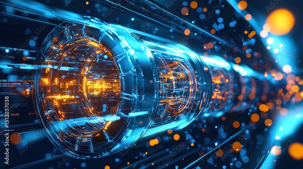 Poster a hyperloop transporting cargo through a glowing tube system.
