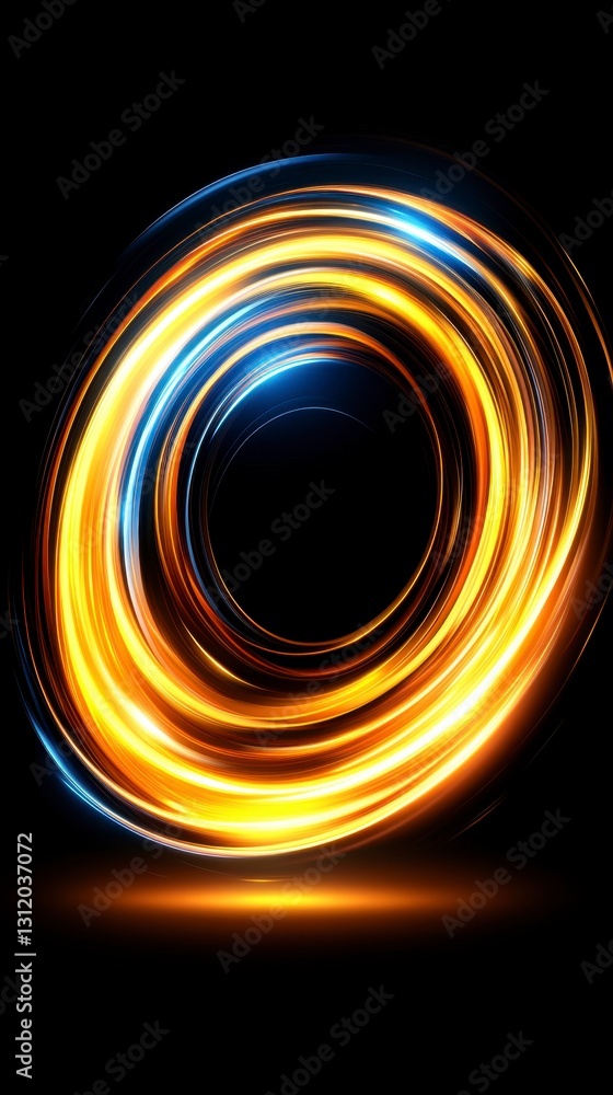 Poster abstract swirling light circles in gold and blue hues on a black background. glowing energy forms a 
