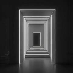 Fototapeta premium Abstract hallway with glowing white neon lights, receding into darkness. Minimalist architecture, clean lines, and a reflective floor.
