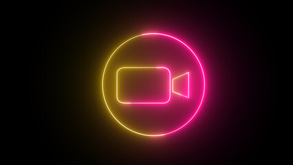 camera icon with circle. Glowing neon video camera icon isolated on black background